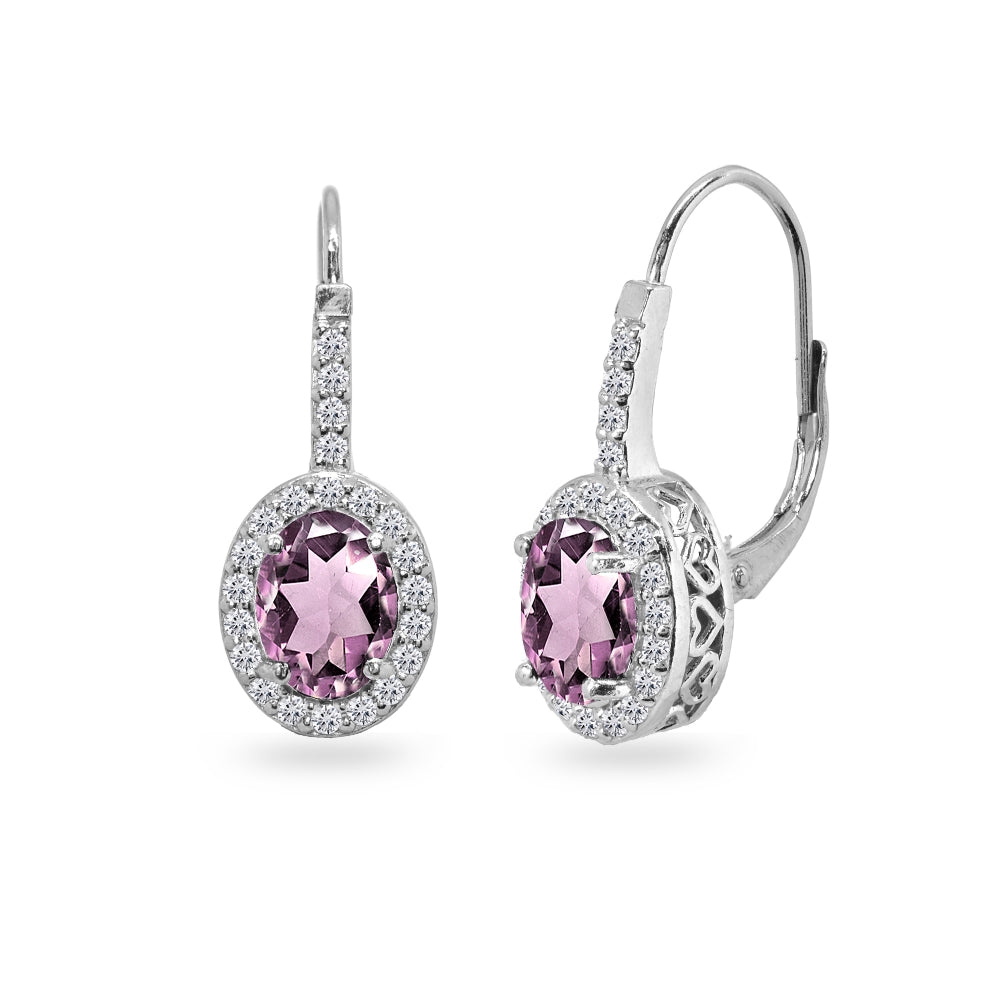 Sterling Silver Created Alexandrite & Cubic Zirconia 8x6mm Oval Halo Drop Leverback Earrings