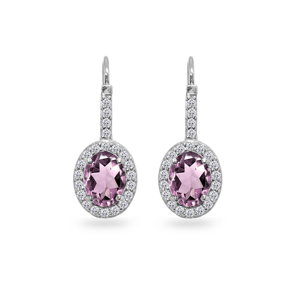 Sterling Silver Created Alexandrite & Cubic Zirconia 8x6mm Oval Halo Drop Leverback Earrings-2