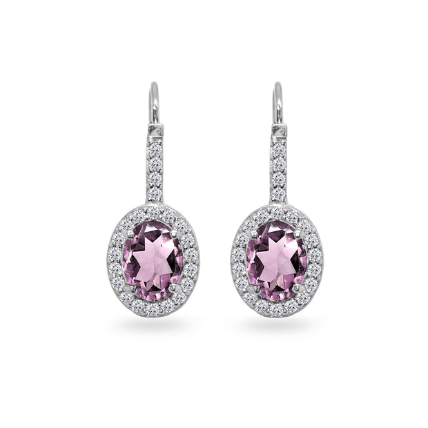 Sterling Silver Created Alexandrite & Cubic Zirconia 8x6mm Oval Halo Drop Leverback Earrings