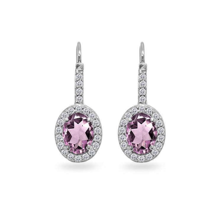 Sterling Silver Created Alexandrite & Cubic Zirconia 8x6mm Oval Halo Drop Leverback Earrings