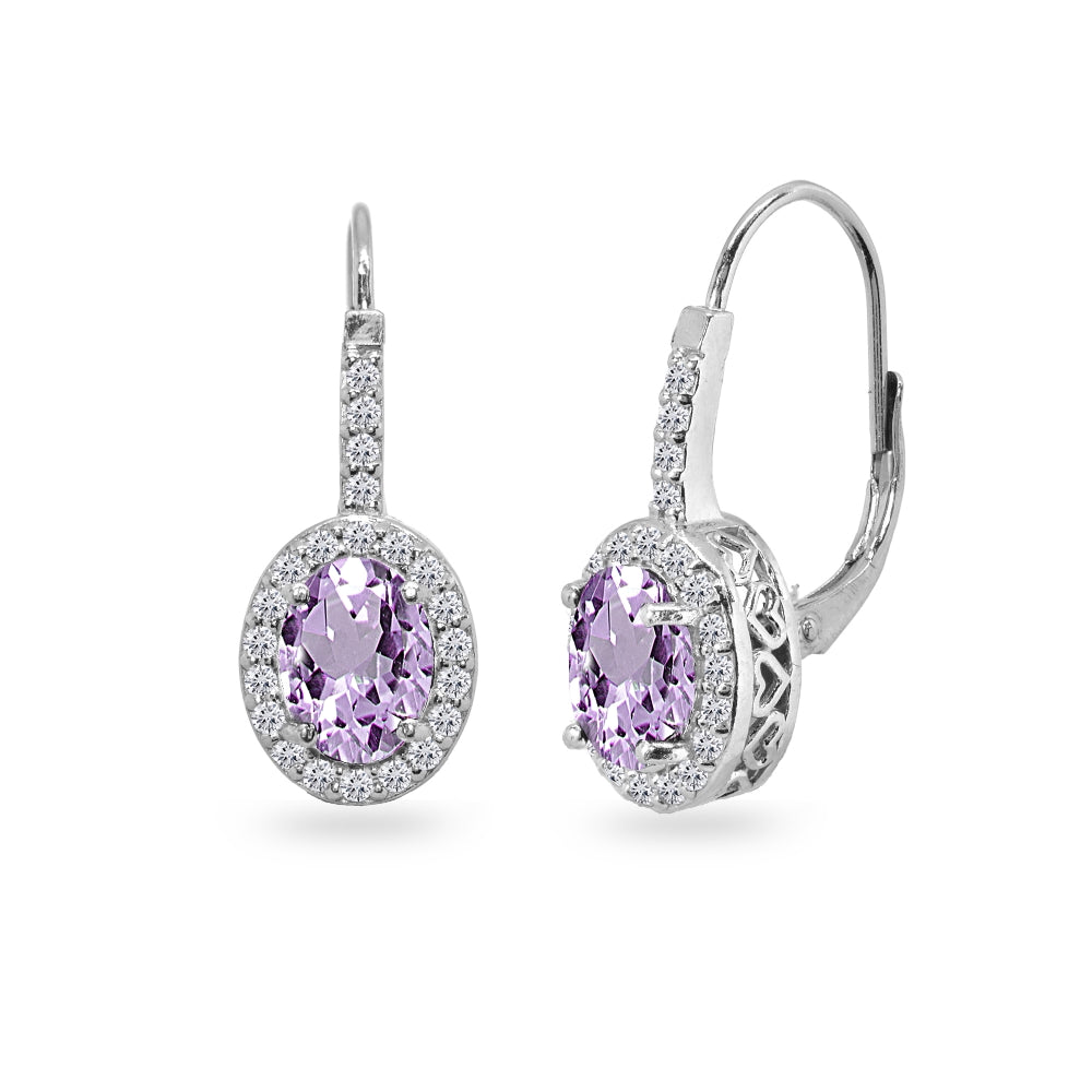 Sterling Silver Amethyst & Cubic Zirconia 8x6mm Oval Halo Drop Leverback Earrings
