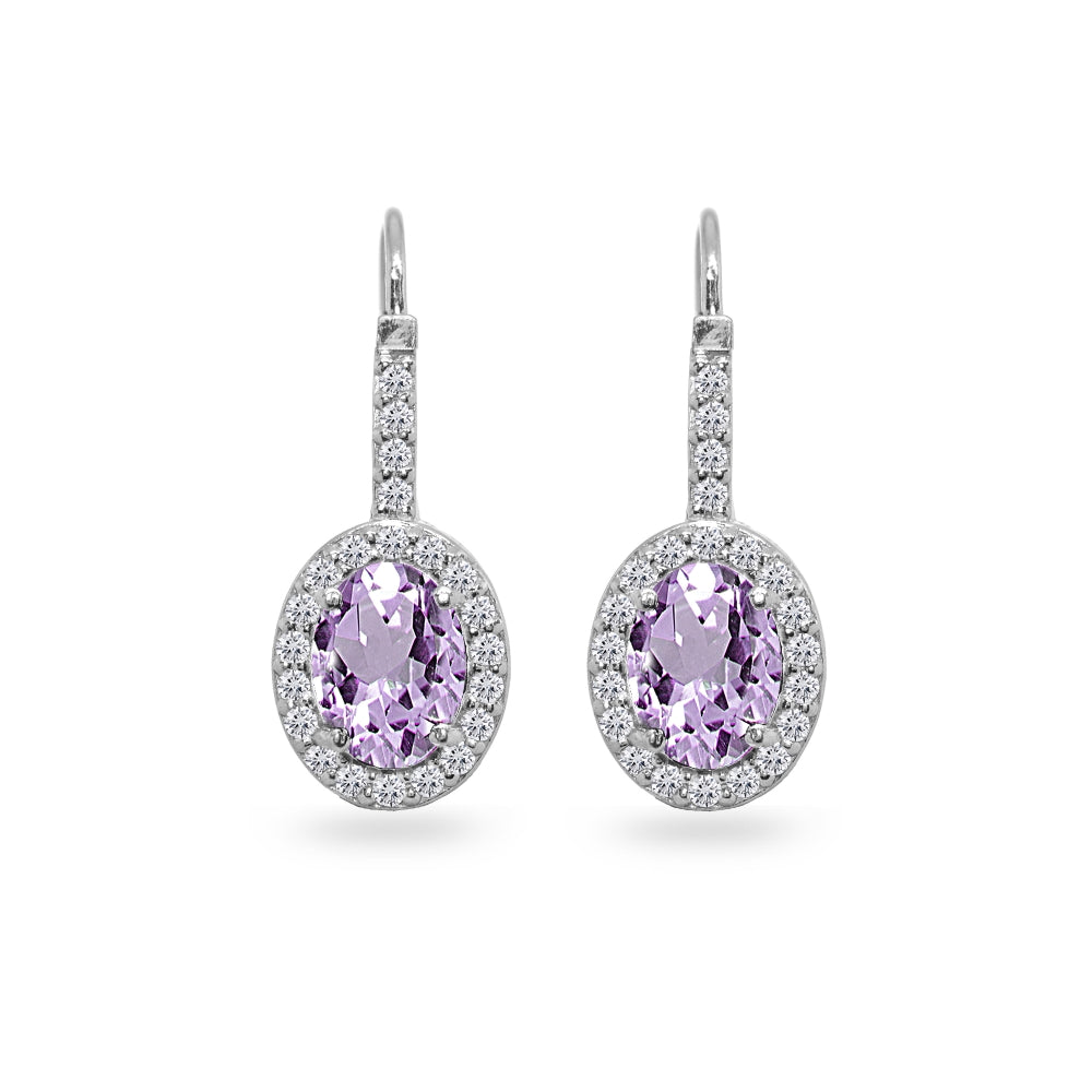 Sterling Silver Amethyst & Cubic Zirconia 8x6mm Oval Halo Drop Leverback Earrings-2