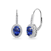 Sterling Silver Created Blue Sapphire & Cubic Zirconia 8x6mm Oval Halo Drop Leverback Earrings