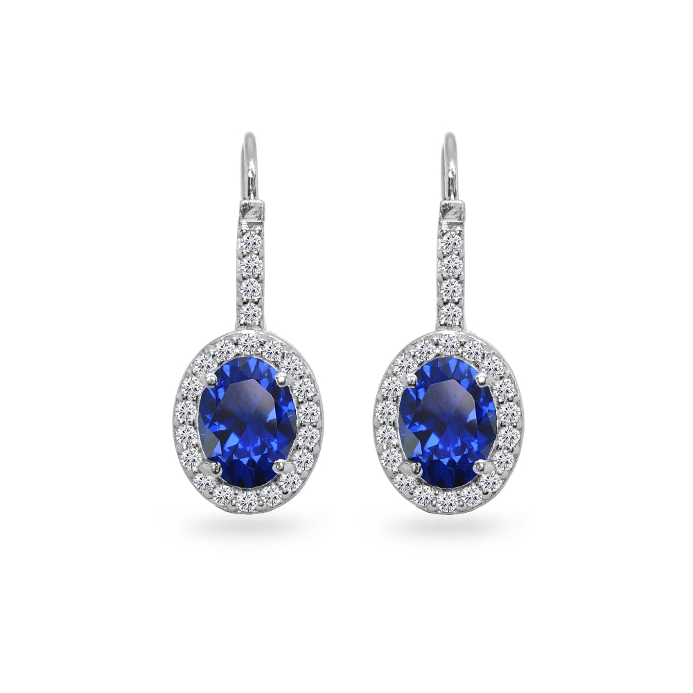 Sterling Silver Created Blue Sapphire & Cubic Zirconia 8x6mm Oval Halo Drop Leverback Earrings-2