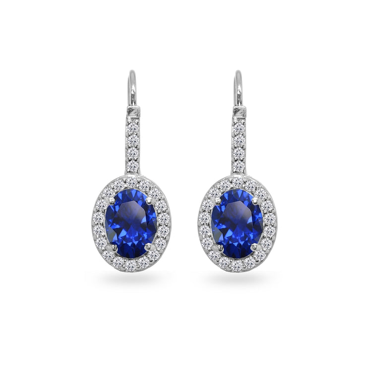 Sterling Silver Created Blue Sapphire & Cubic Zirconia 8x6mm Oval Halo Drop Leverback Earrings