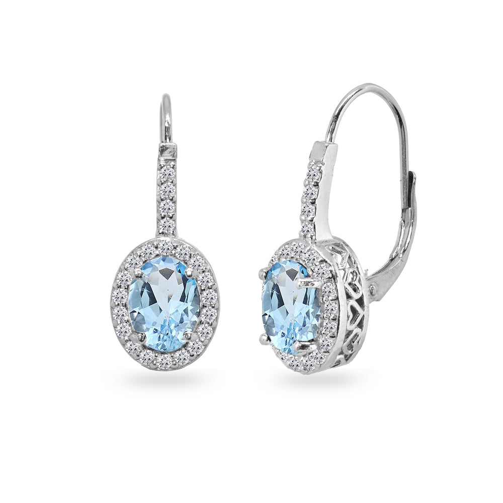 Sterling Silver Blue Topaz & Cubic Zirconia 8x6mm Oval Halo Drop Leverback Earrings