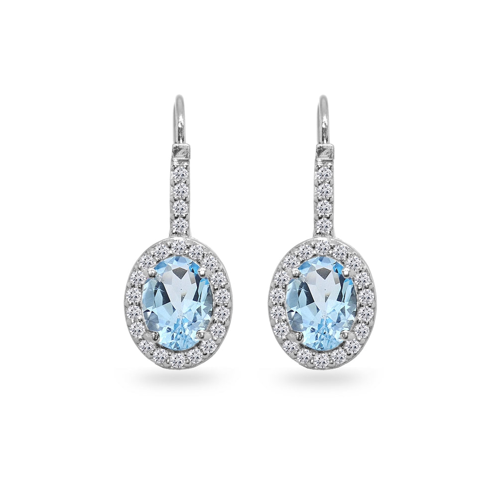 Sterling Silver Blue Topaz & Cubic Zirconia 8x6mm Oval Halo Drop Leverback Earrings-2
