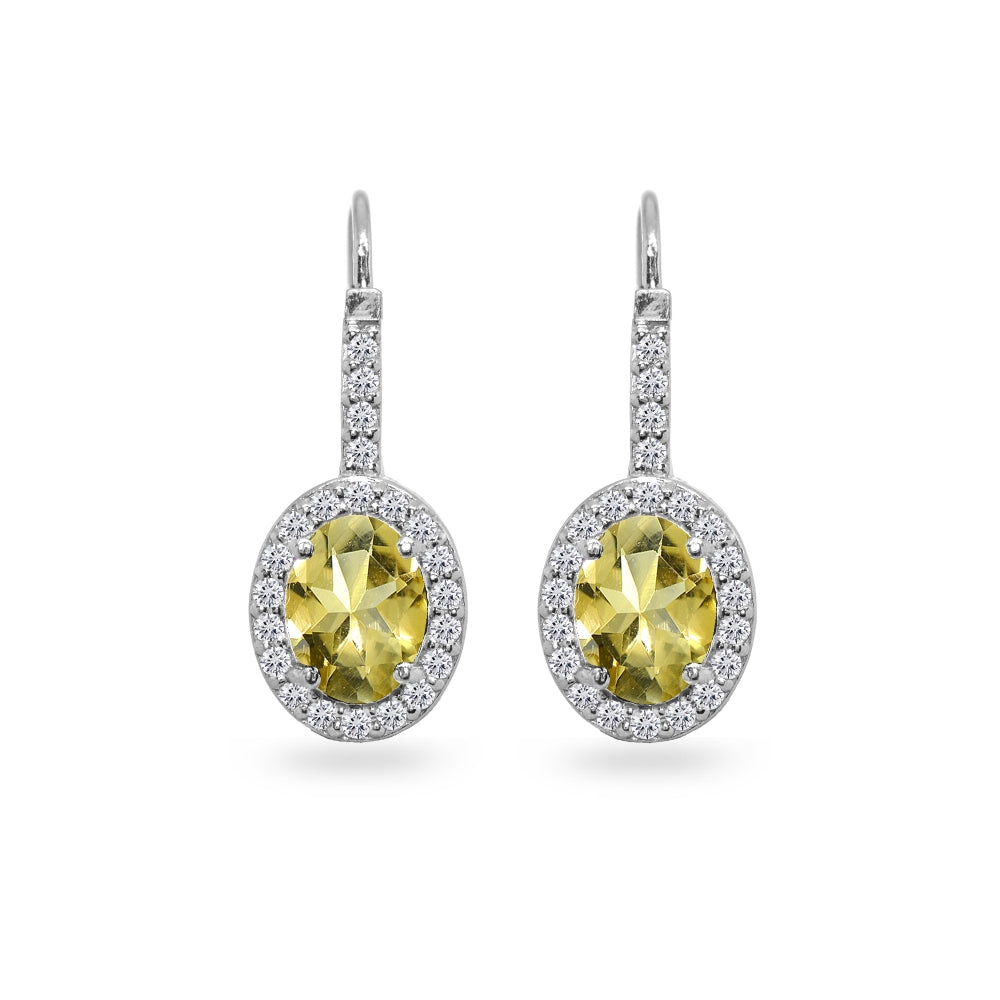 Sterling Silver Citrine & Cubic Zirconia 8x6mm Oval Halo Drop Leverback Earrings-2