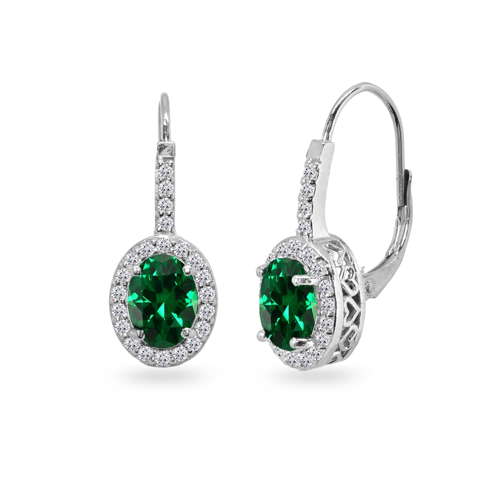 Sterling Silver Created Emerald & Cubic Zirconia 8x6mm Oval Halo Drop Leverback Earrings