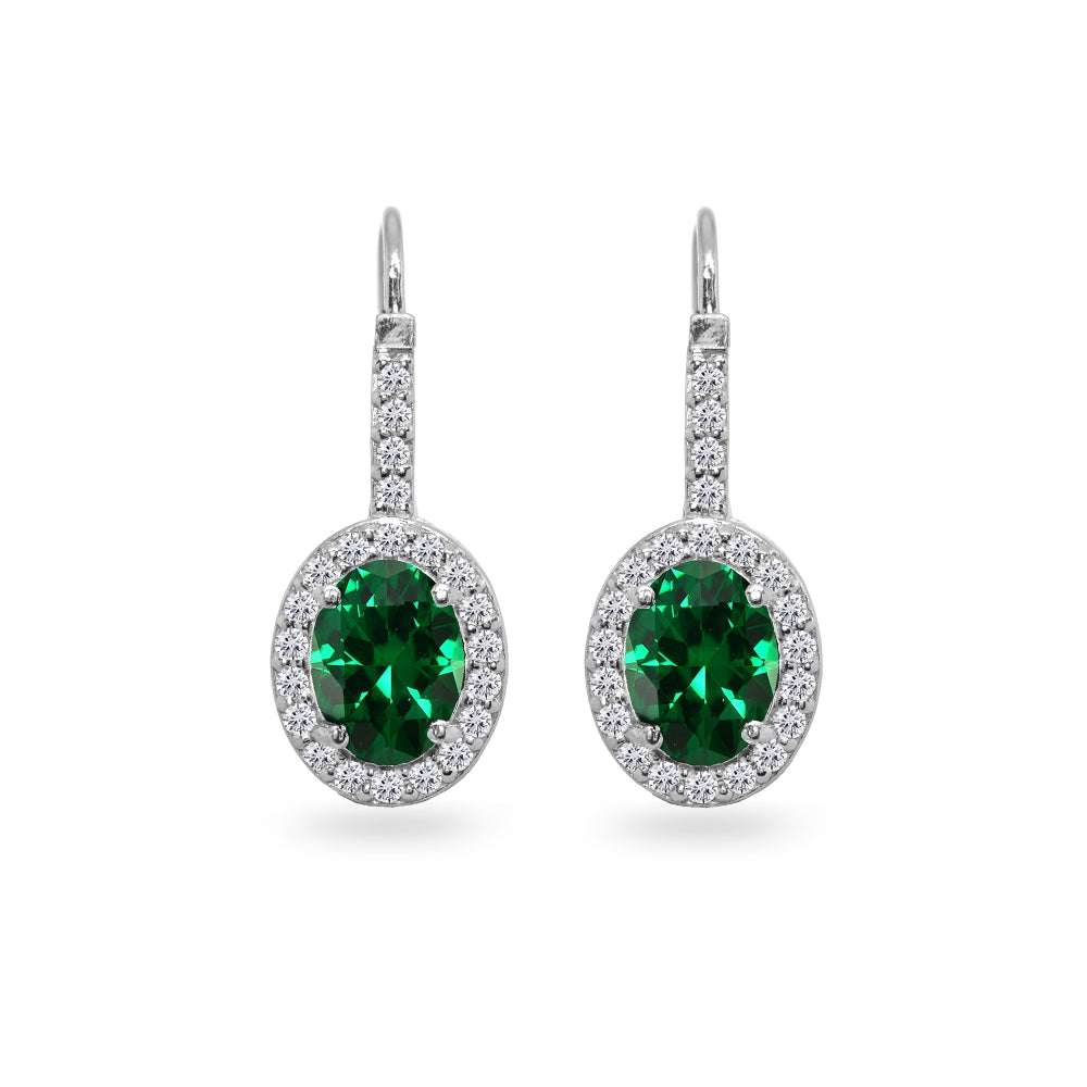 Sterling Silver Created Emerald & Cubic Zirconia 8x6mm Oval Halo Drop Leverback Earrings-2