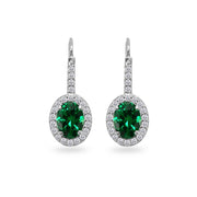 Sterling Silver Created Emerald & Cubic Zirconia 8x6mm Oval Halo Drop Leverback Earrings