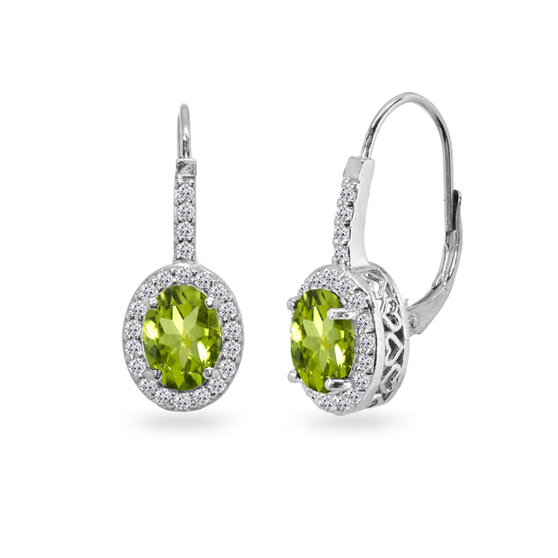 Sterling Silver Peridot & Cubic Zirconia 8x6mm Oval Halo Drop Leverback Earrings