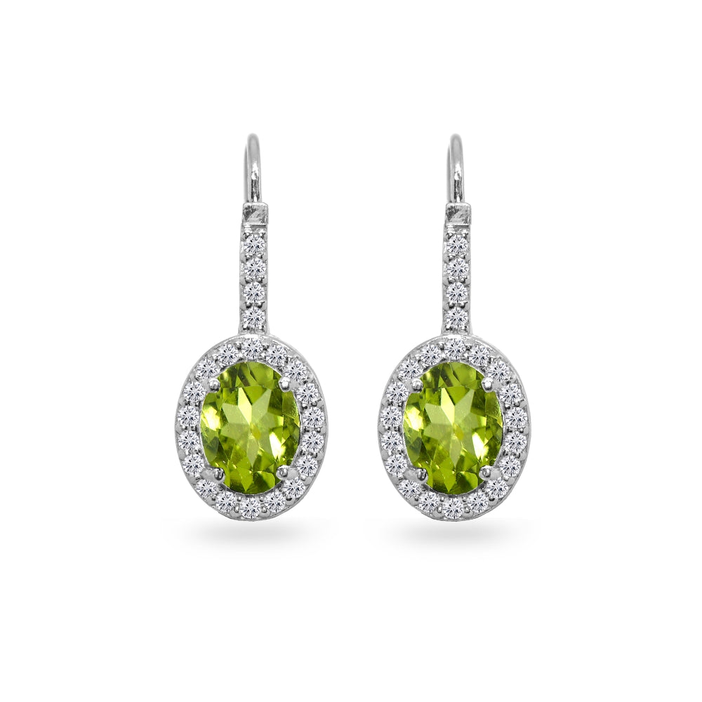 Sterling Silver Peridot & Cubic Zirconia 8x6mm Oval Halo Drop Leverback Earrings-2