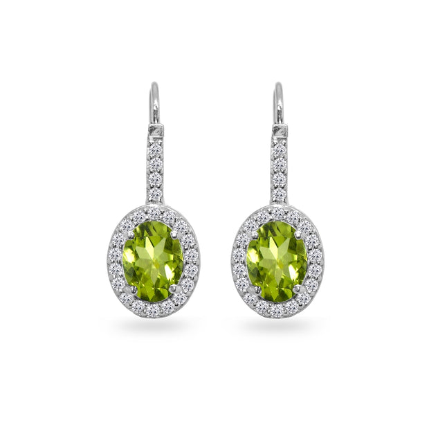 Sterling Silver Peridot & Cubic Zirconia 8x6mm Oval Halo Drop Leverback Earrings