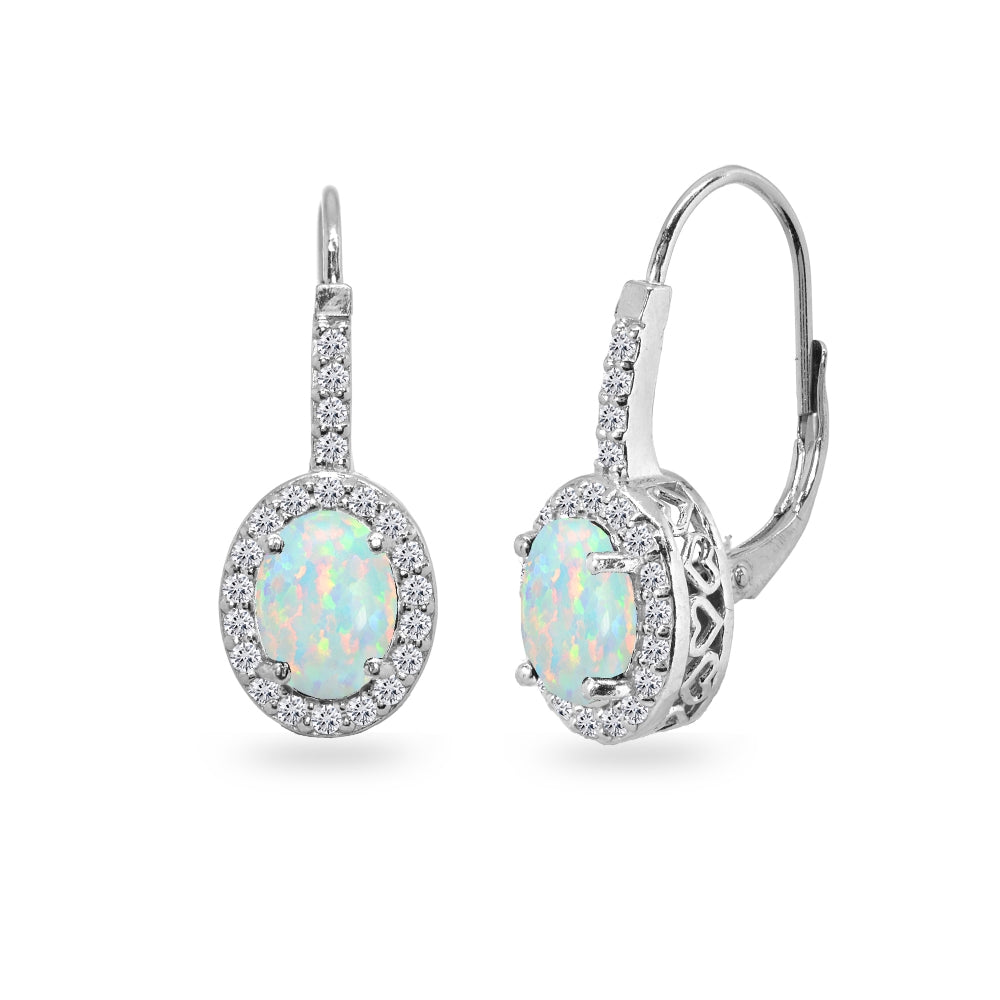 Sterling Silver Created White Opal & Cubic Zirconia 8x6mm Oval Halo Drop Leverback Earrings