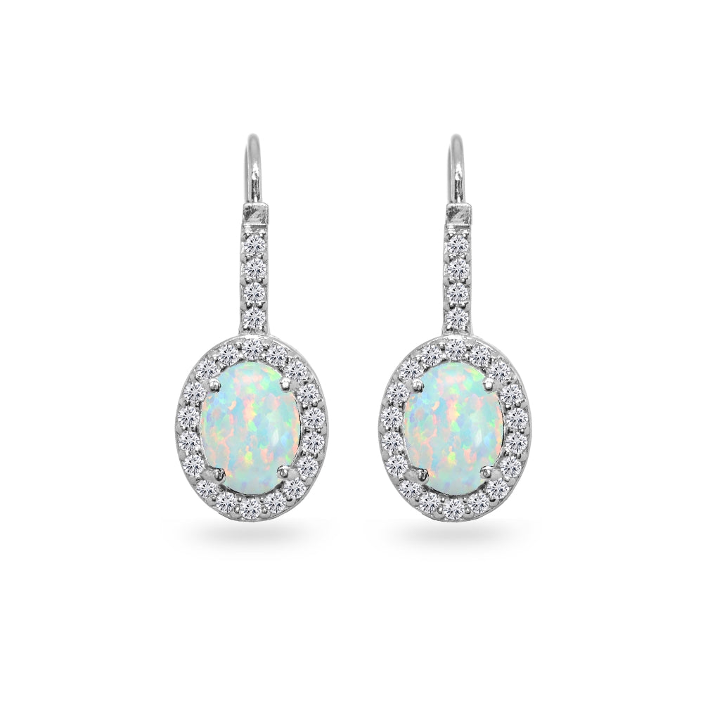 Sterling Silver Created White Opal & Cubic Zirconia 8x6mm Oval Halo Drop Leverback Earrings-2