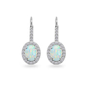 Sterling Silver Created White Opal & Cubic Zirconia 8x6mm Oval Halo Drop Leverback Earrings