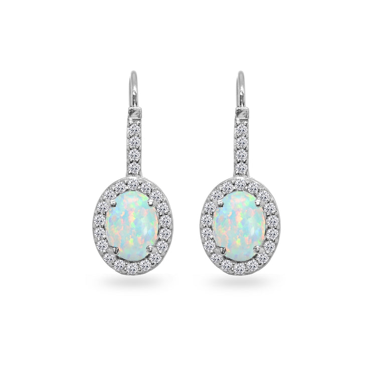 Sterling Silver Created White Opal & Cubic Zirconia 8x6mm Oval Halo Drop Leverback Earrings