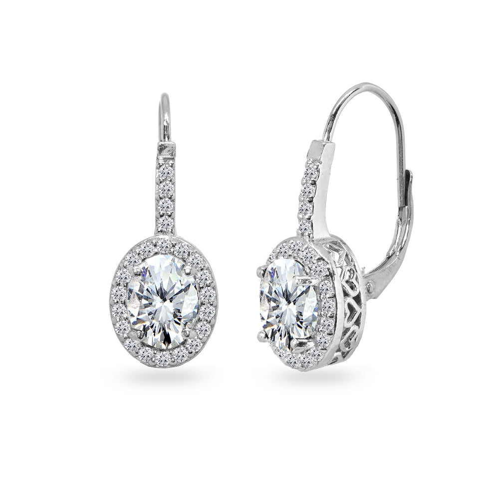 Sterling Silver Cubic Zirconia 8x6mm Oval Halo Drop Leverback Earrings