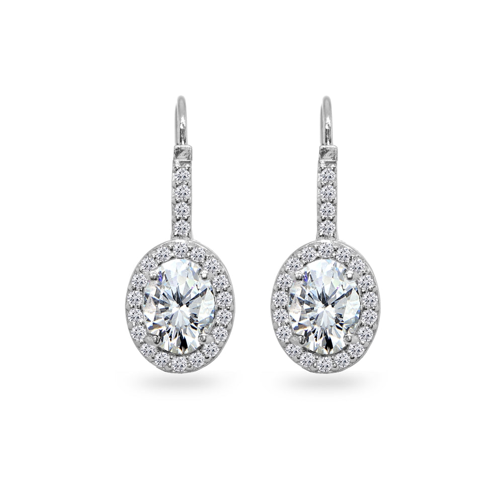 Sterling Silver Cubic Zirconia 8x6mm Oval Halo Drop Leverback Earrings-2
