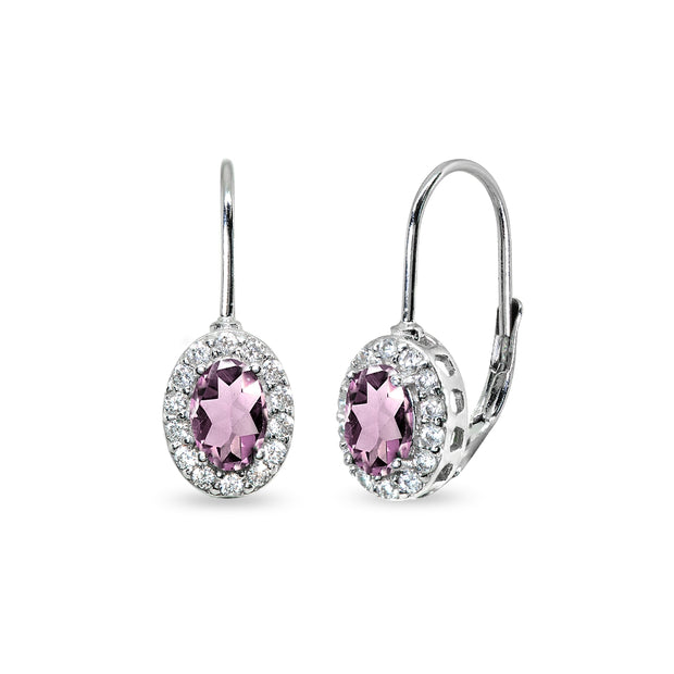 Sterling Silver Created Alexandrite & Cubic Zirconia 6x4mm Oval Halo Drop Leverback Earrings