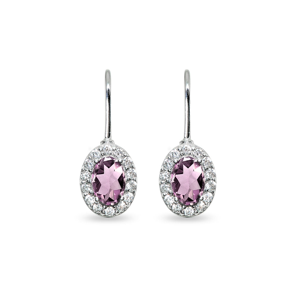 Sterling Silver Created Alexandrite & Cubic Zirconia 6x4mm Oval Halo Drop Leverback Earrings-2