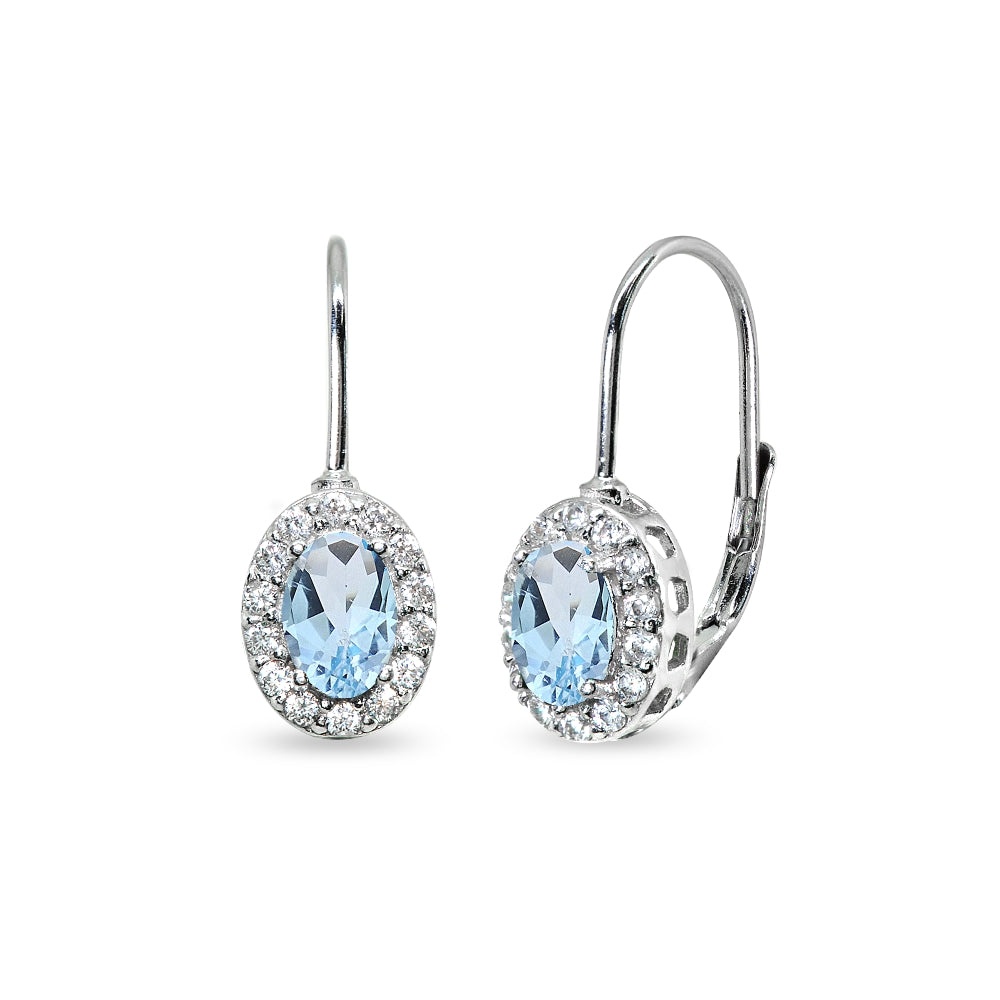 Sterling Silver Blue Topaz & Cubic Zirconia 6x4mm Oval Halo Drop Leverback Earrings