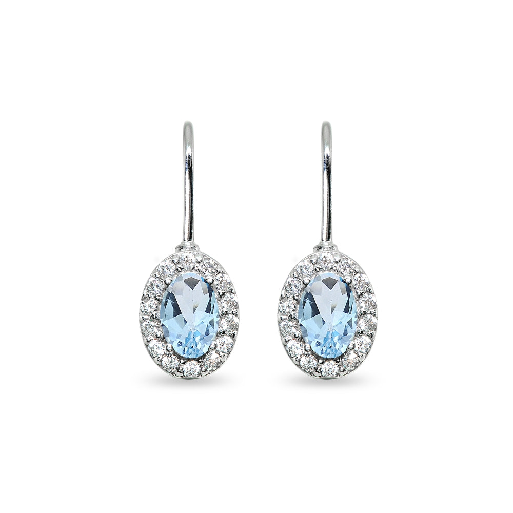 Sterling Silver Blue Topaz & Cubic Zirconia 6x4mm Oval Halo Drop Leverback Earrings-2