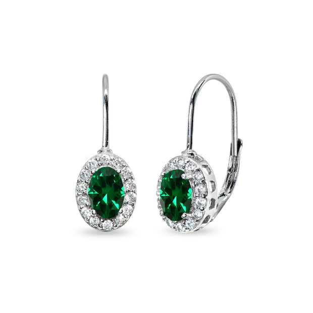 Sterling Silver Created Emerald & Cubic Zirconia 6x4mm Oval Halo Drop Leverback Earrings