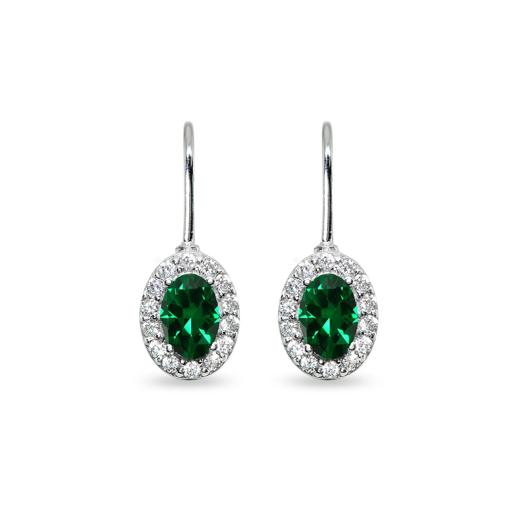 Sterling Silver Created Emerald & Cubic Zirconia 6x4mm Oval Halo Drop Leverback Earrings-2