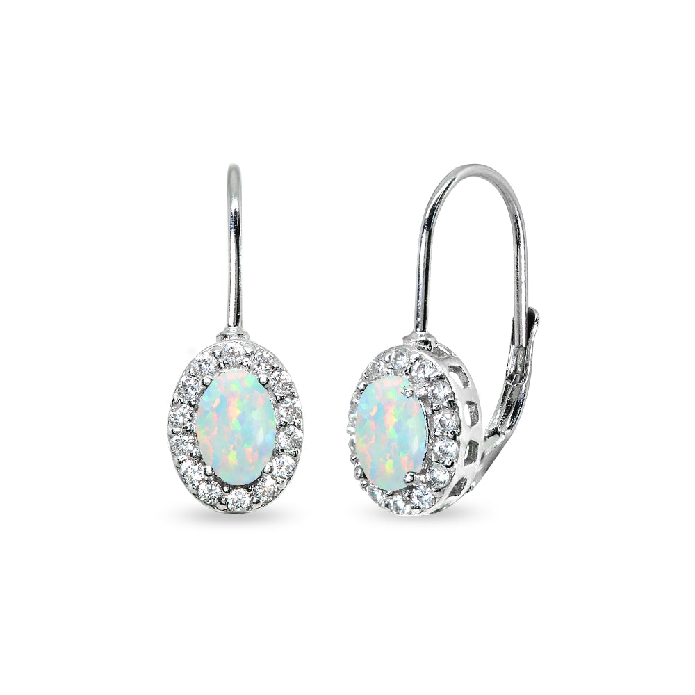 Sterling Silver Created White Opal & Cubic Zirconia 6x4mm Oval Halo Drop Leverback Earrings