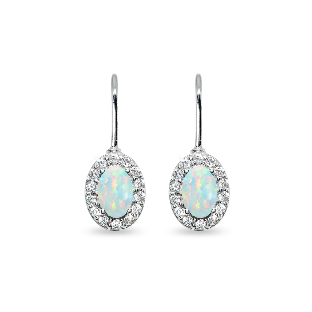 Sterling Silver Created White Opal & Cubic Zirconia 6x4mm Oval Halo Drop Leverback Earrings-2