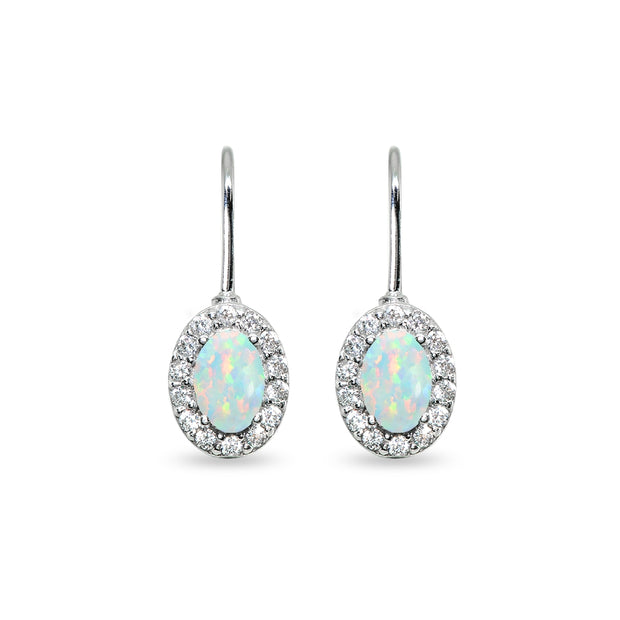 Sterling Silver Created White Opal & Cubic Zirconia 6x4mm Oval Halo Drop Leverback Earrings