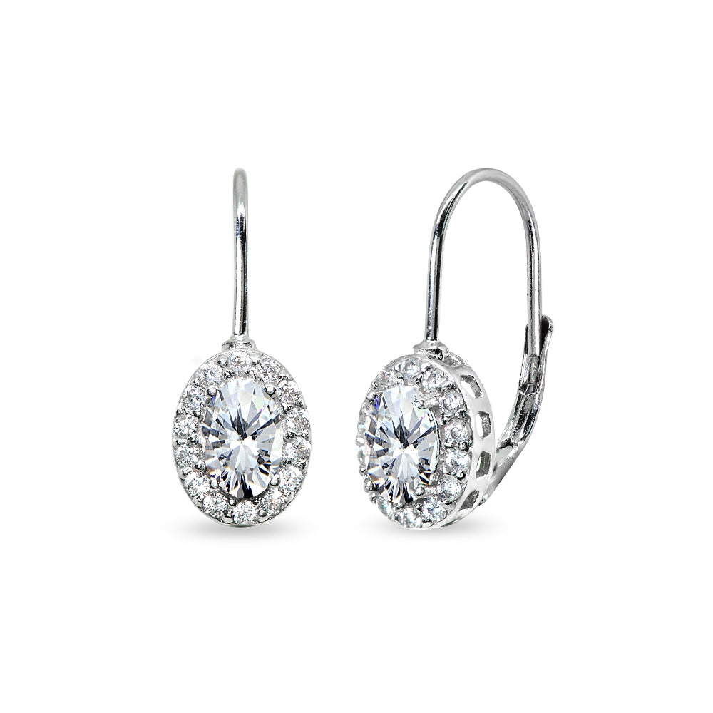Sterling Silver Cubic Zirconia 6x4mm Oval Halo Drop Leverback Earrings