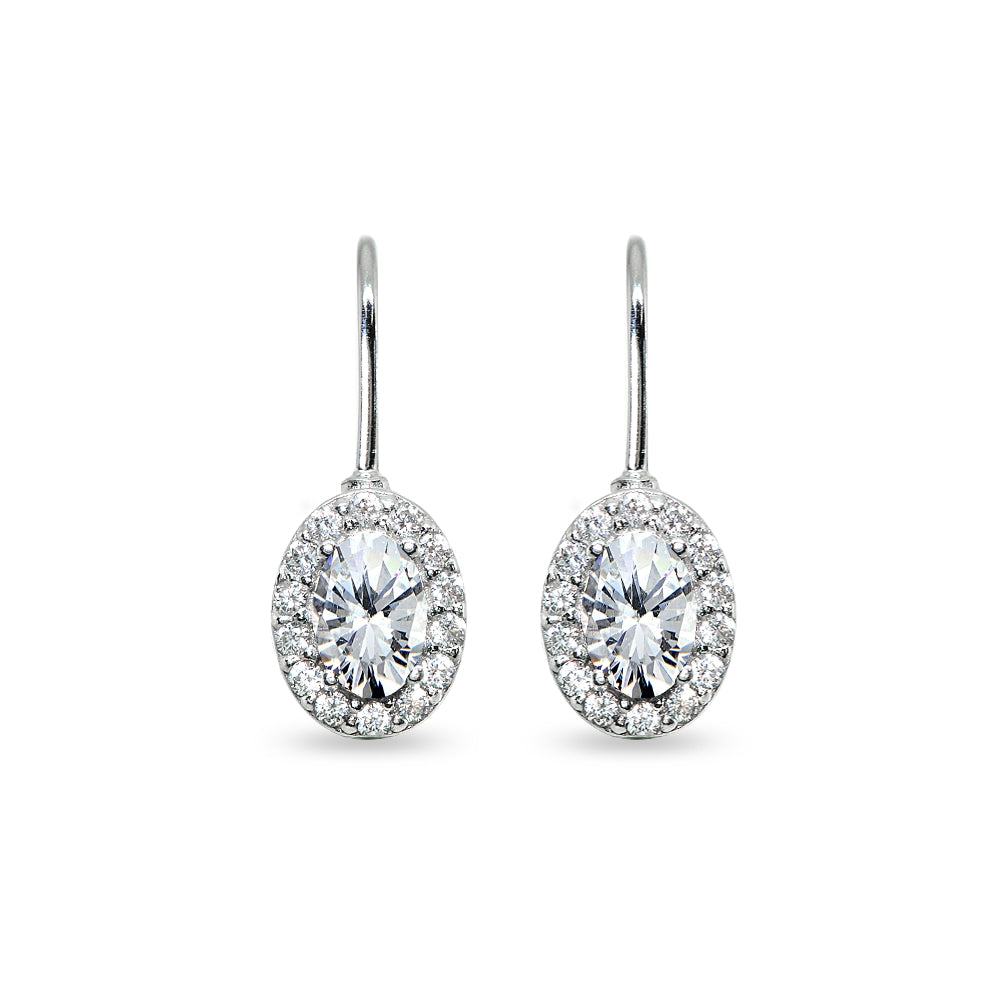 Sterling Silver Cubic Zirconia 6x4mm Oval Halo Drop Leverback Earrings-2