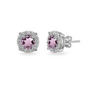 Sterling Silver Created Alexandrite & White Topaz 5mm Round Halo Stud Earrings