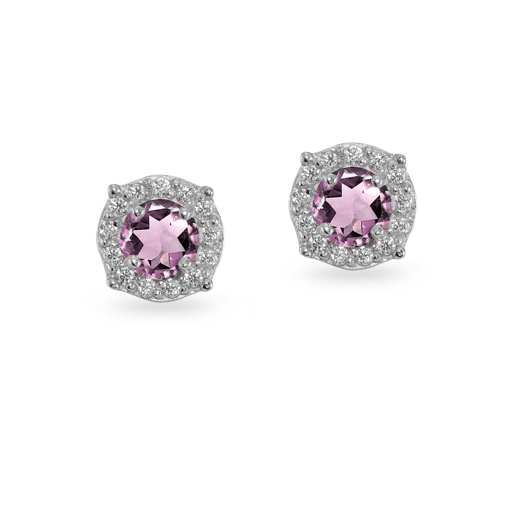 Sterling Silver Created Alexandrite & White Topaz 5mm Round Halo Stud Earrings-2