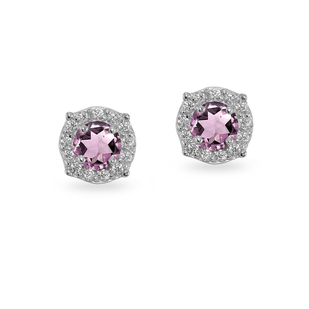 Sterling Silver Created Alexandrite & White Topaz 5mm Round Halo Stud Earrings