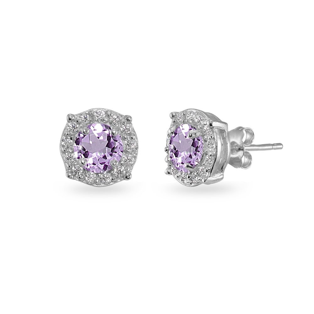 Sterling Silver Amethyst & White Topaz 5mm Round Halo Stud Earrings