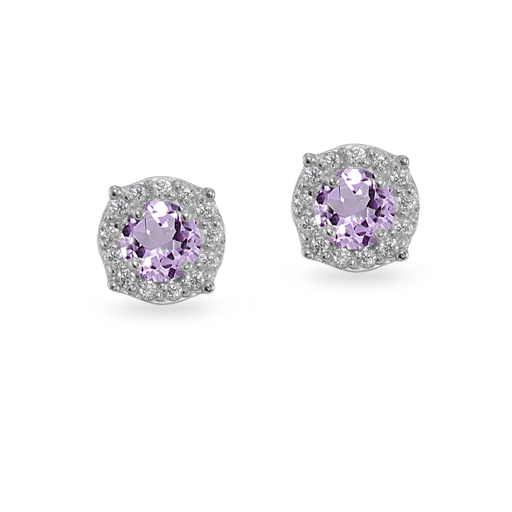 Sterling Silver Amethyst & White Topaz 5mm Round Halo Stud Earrings-2