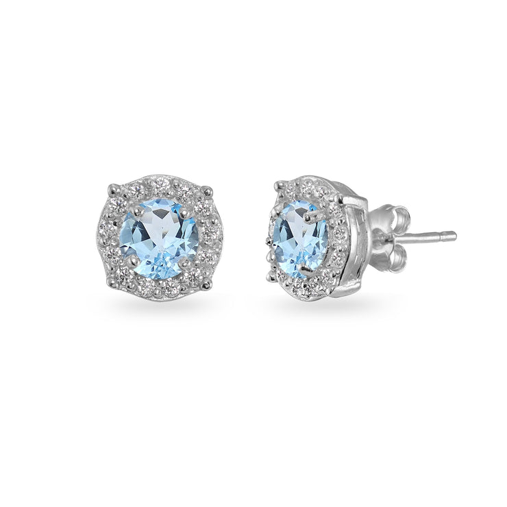 Sterling Silver Blue & White Topaz 5mm Round Halo Stud Earrings