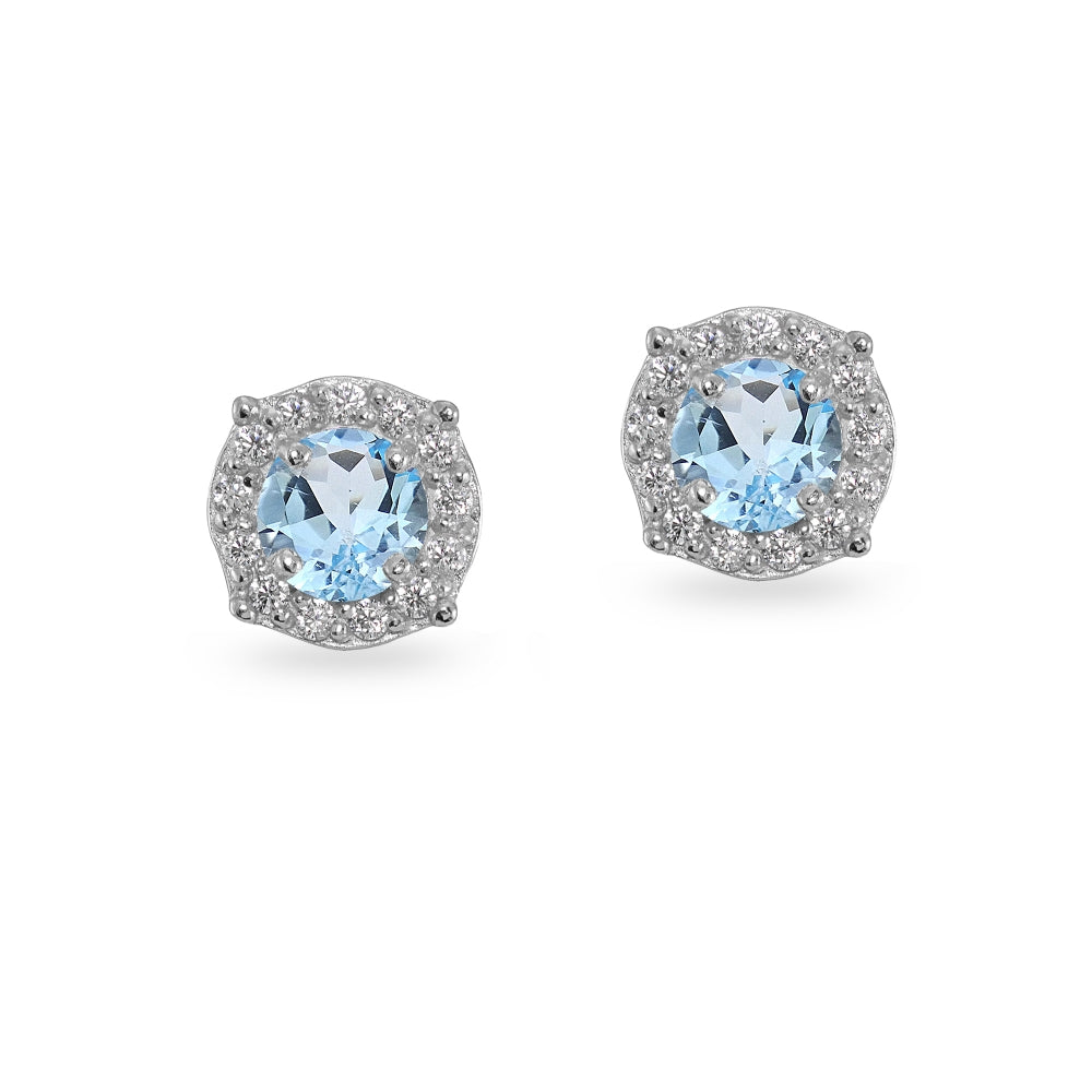 Sterling Silver Blue & White Topaz 5mm Round Halo Stud Earrings-2