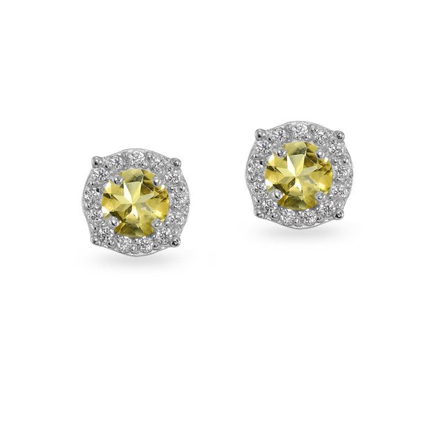 Sterling Silver Citrine & White Topaz 5mm Round Halo Stud Earrings