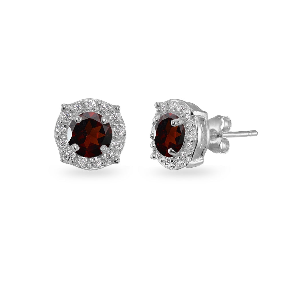 Sterling Silver Garnet & White Topaz 5mm Round Halo Stud Earrings