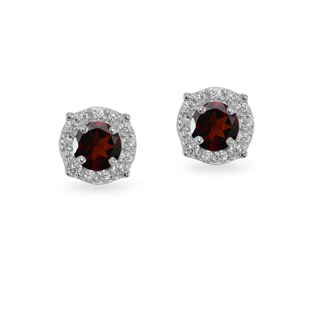 Sterling Silver Garnet & White Topaz 5mm Round Halo Stud Earrings-2