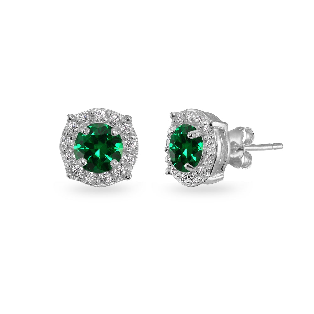 Sterling Silver Simulated Emerald & White Topaz 5mm Round Halo Stud Earrings