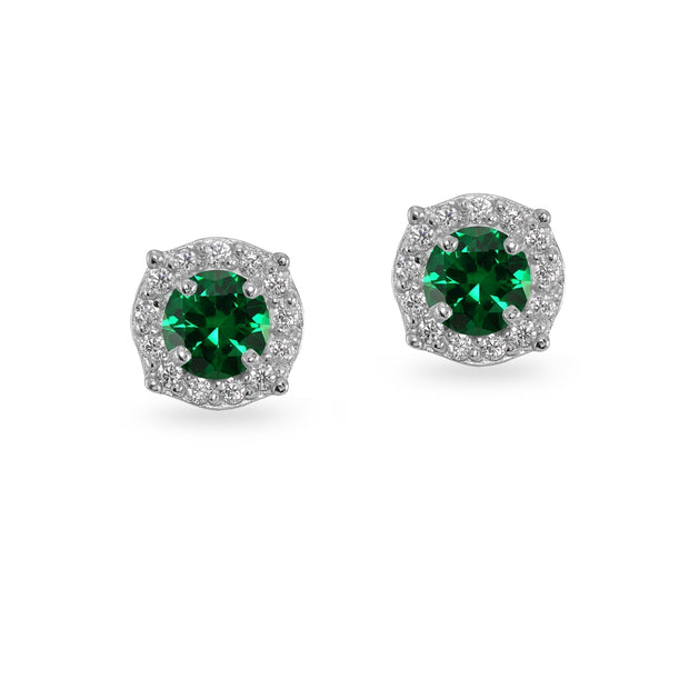Sterling Silver Simulated Emerald & White Topaz 5mm Round Halo Stud Earrings