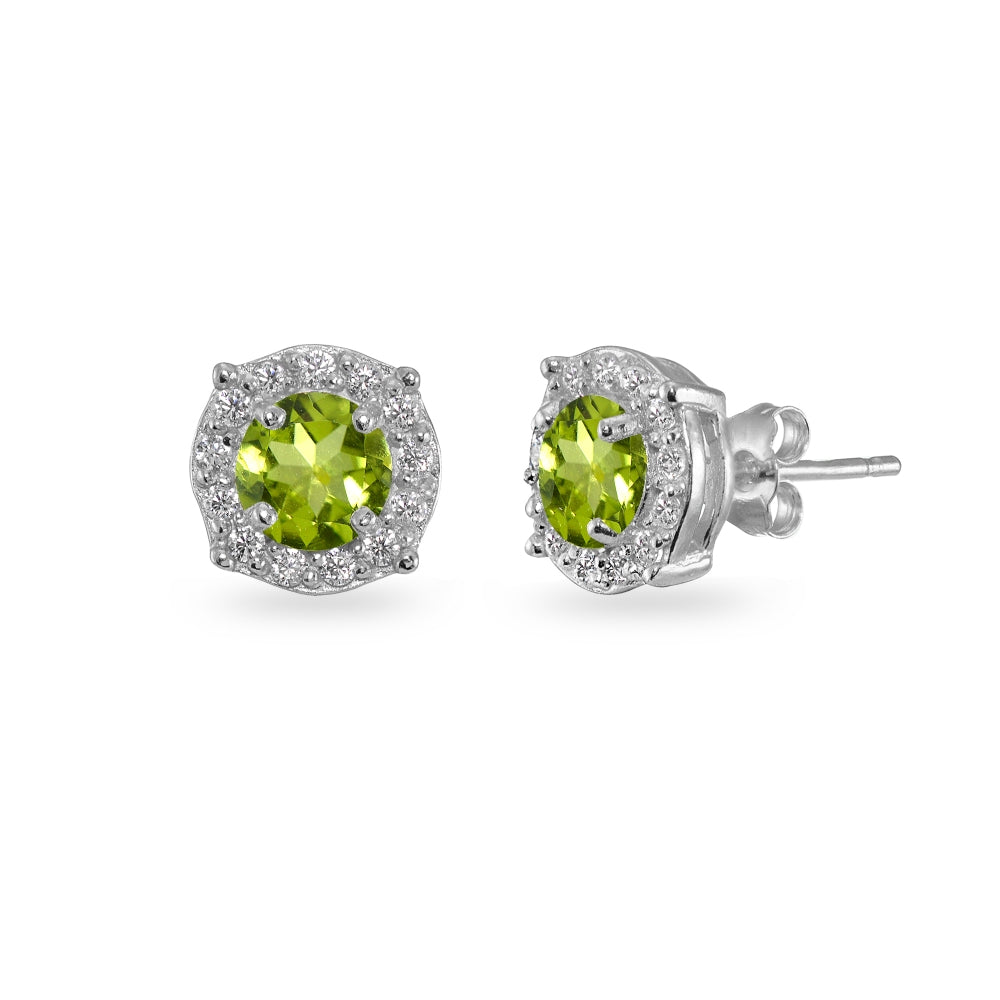 Sterling Silver Peridot & White Topaz 5mm Round Halo Stud Earrings