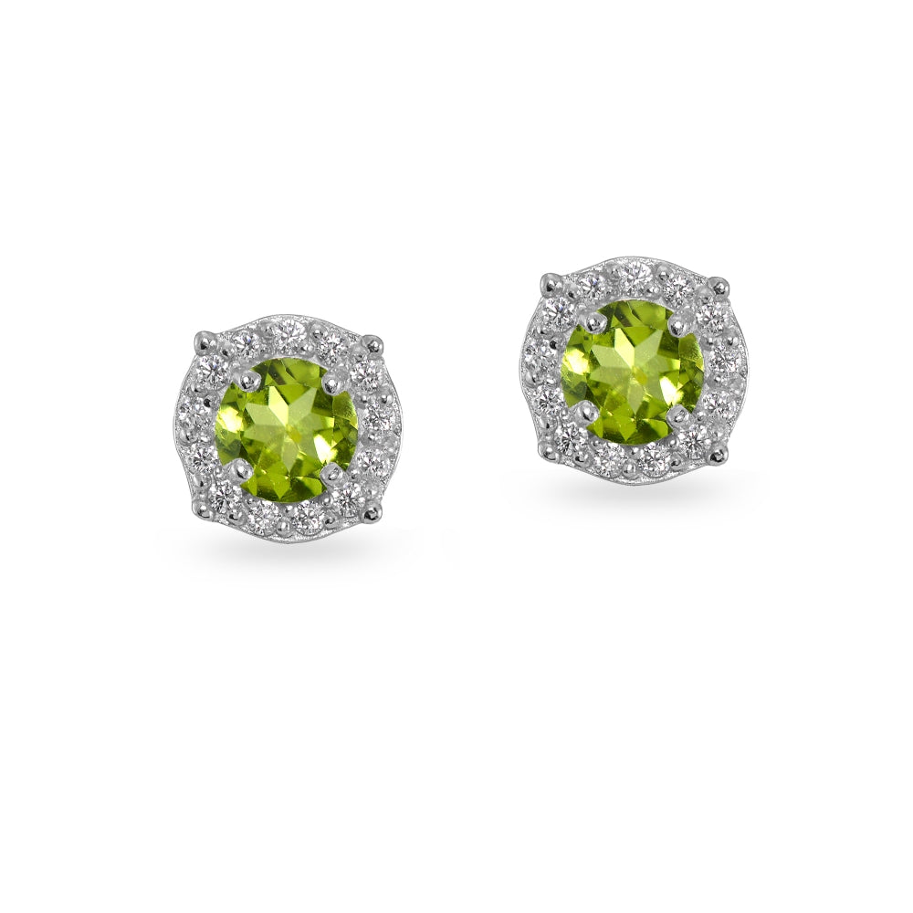 Sterling Silver Peridot & White Topaz 5mm Round Halo Stud Earrings-2
