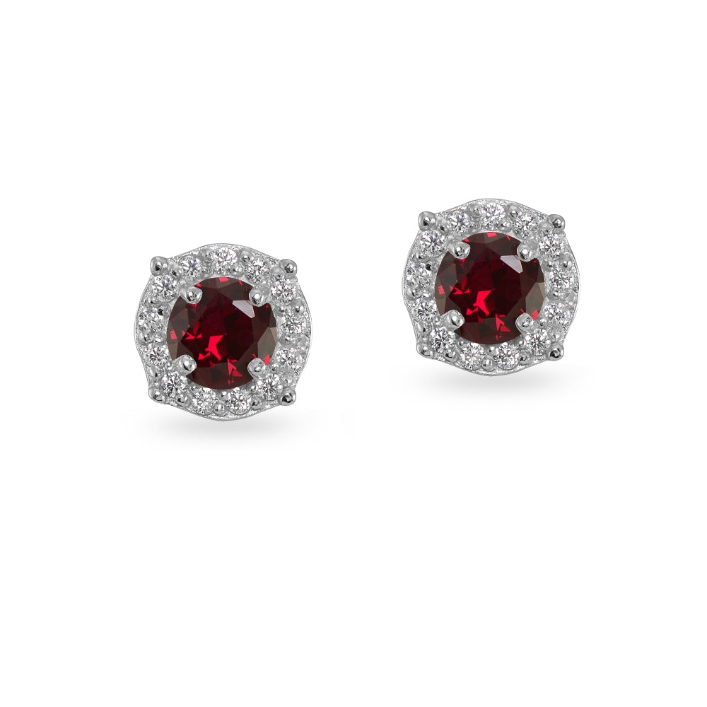 Sterling Silver Created Ruby & White Topaz 5mm Round Halo Stud Earrings-2